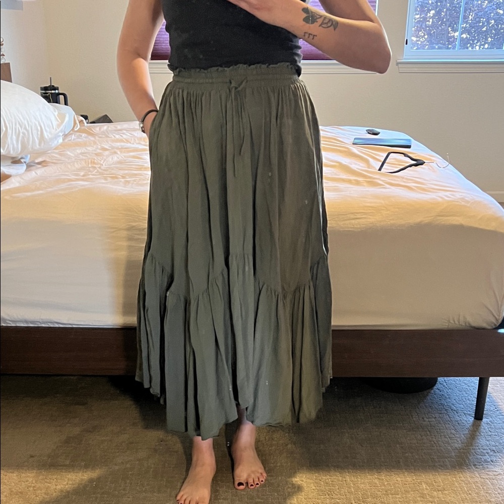 Women's Olive Green Maxi Tiered Skirt with Drawstring Waist
